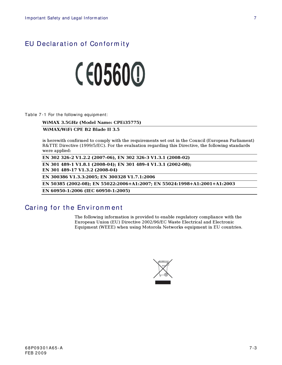 Motorola CPEI 775 user manual EU Declaration of Conformity, Caring for the Environment 