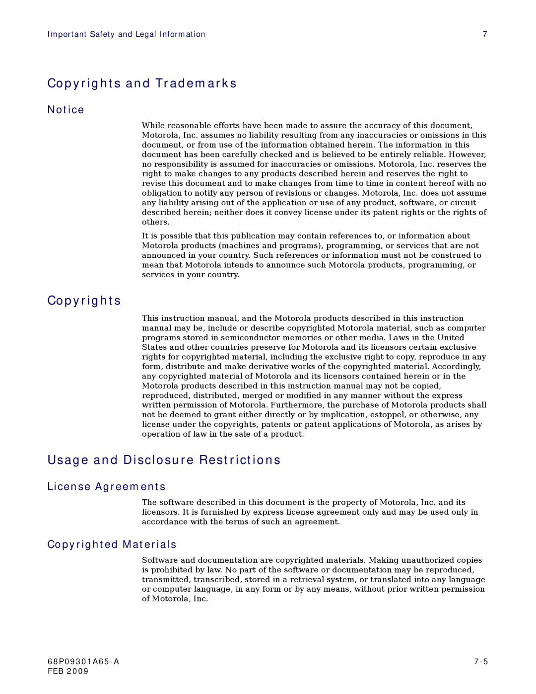 Motorola CPEI 775 user manual Copyrights and Trademarks, Copyrights Usage and Disclosure Restrictions, License Agreements 