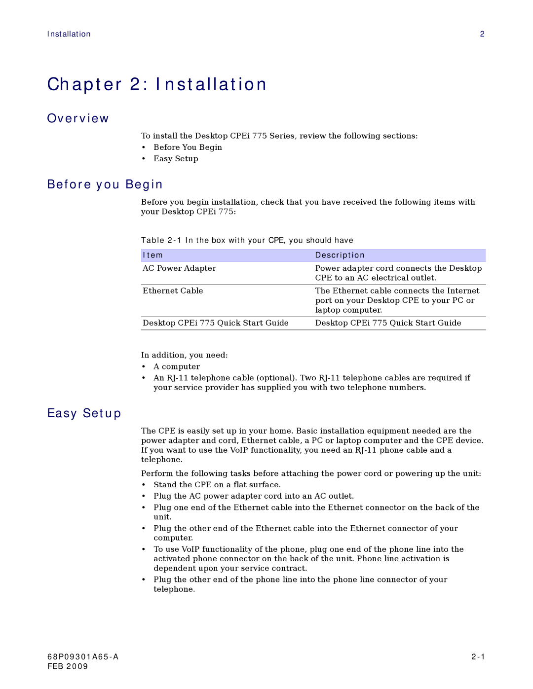 Motorola CPEI 775 user manual Installation, Before you Begin, Easy Setup 