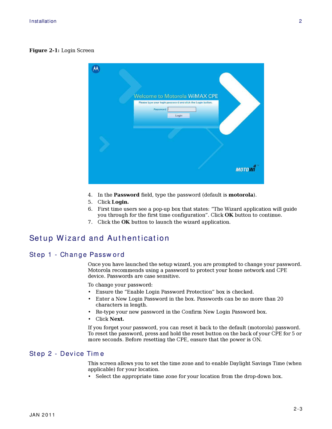 Motorola CPEI 890 user manual Setup Wizard and Authentication, Change Password, Device Time 