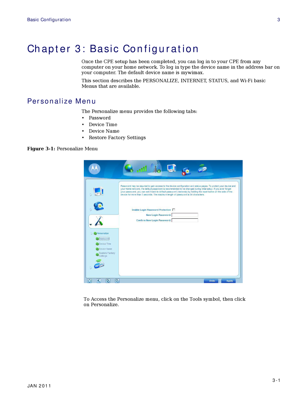 Motorola CPEI 890 user manual Basic Configuration, Personalize Menu 