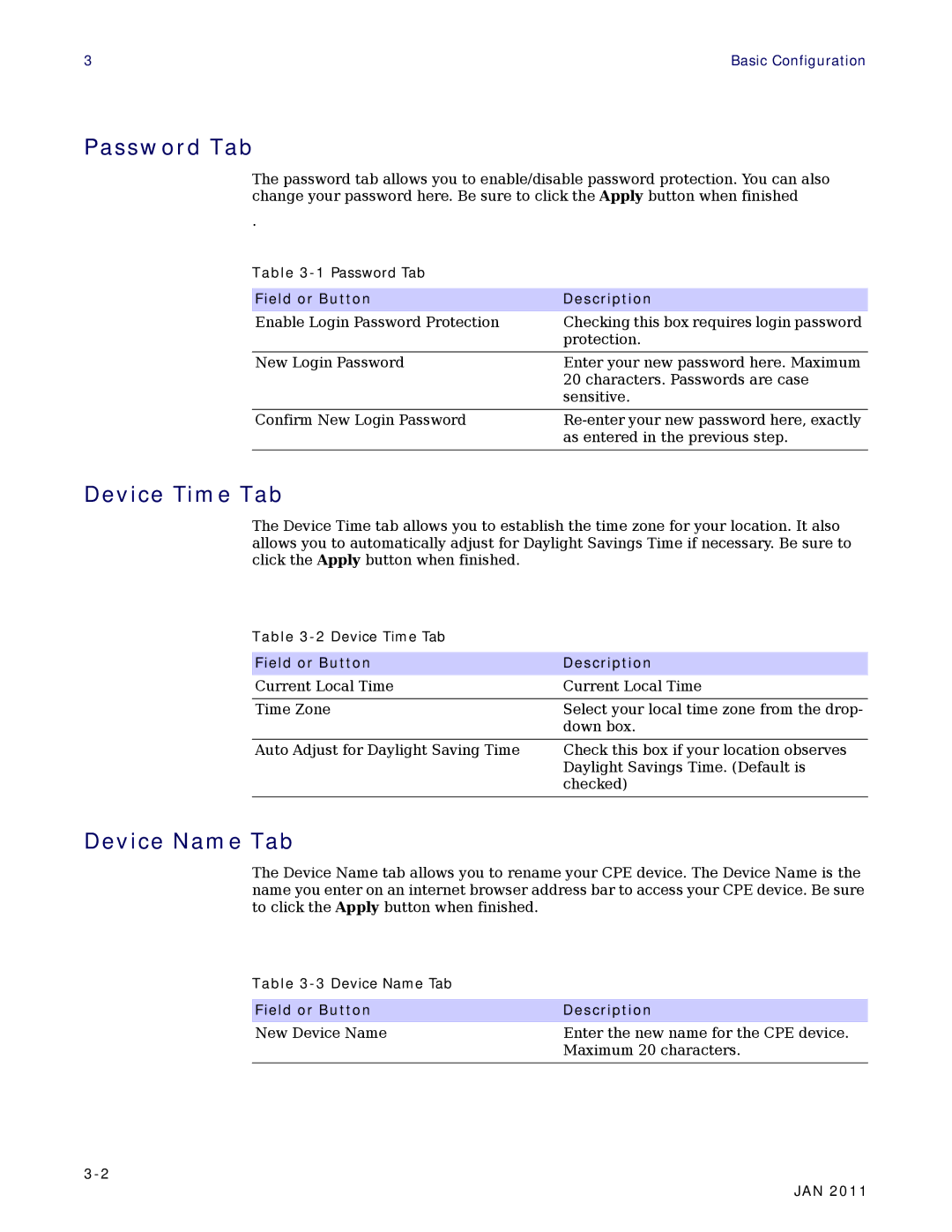 Motorola CPEI 890 user manual Password Tab, Device Time Tab, Device Name Tab 