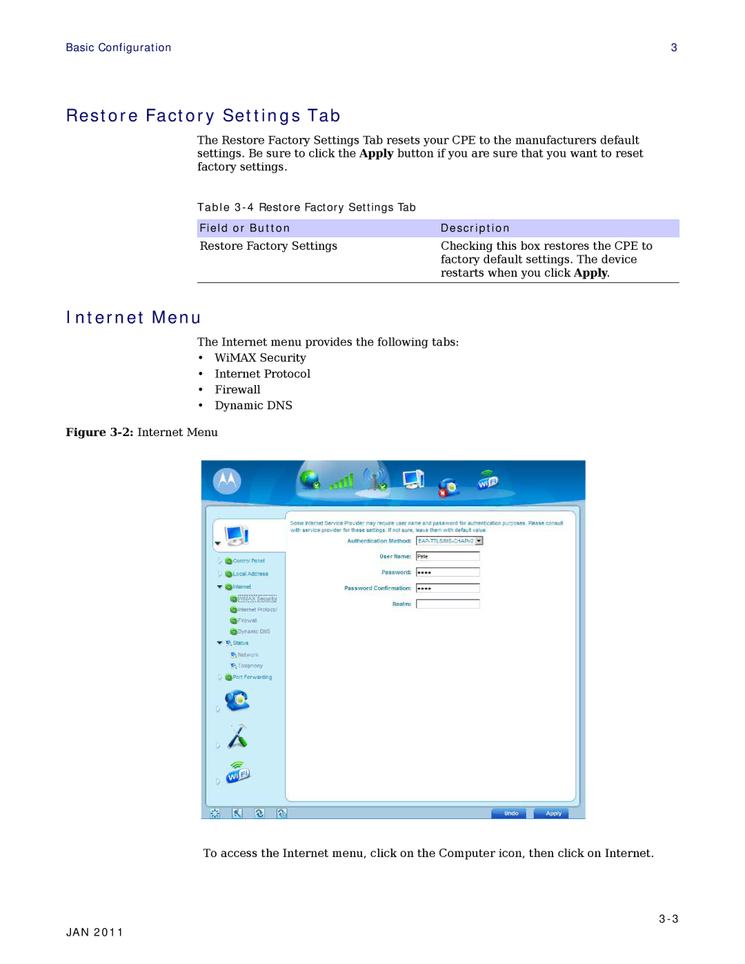 Motorola CPEI 890 user manual Restore Factory Settings Tab, Internet Menu 