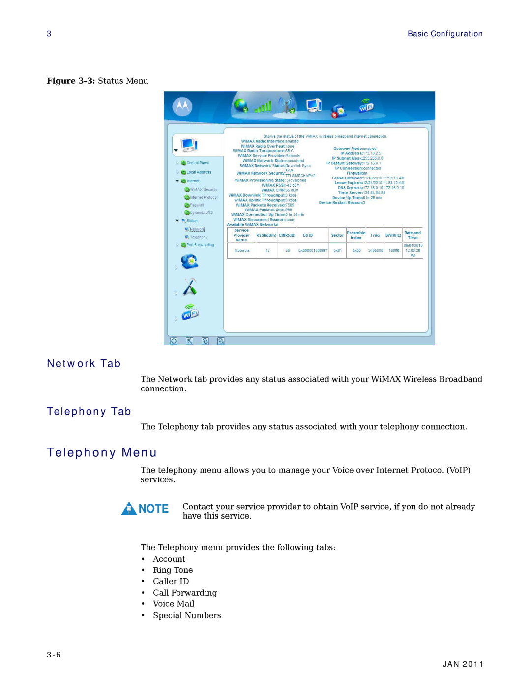 Motorola CPEI 890 user manual Telephony Menu, Network Tab, Telephony Tab 