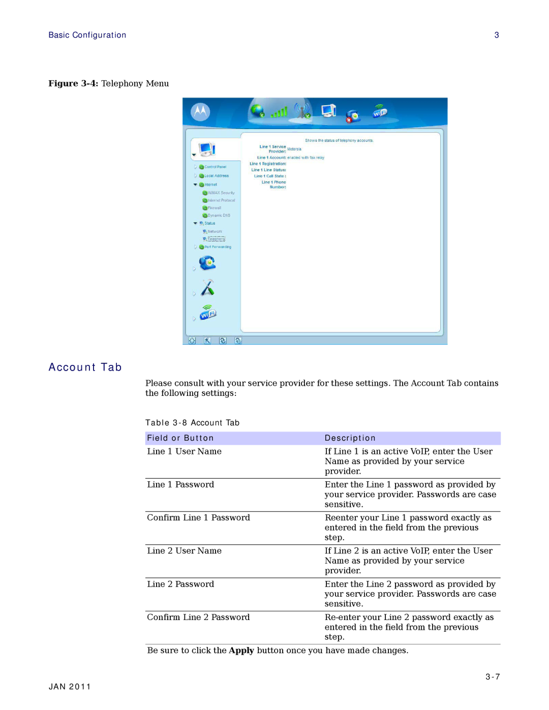 Motorola CPEI 890 user manual Account Tab, 4Telephony Menu 