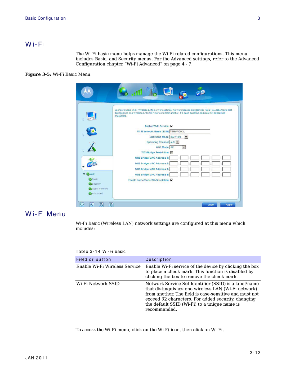 Motorola CPEI 890 user manual Wi-Fi Menu 