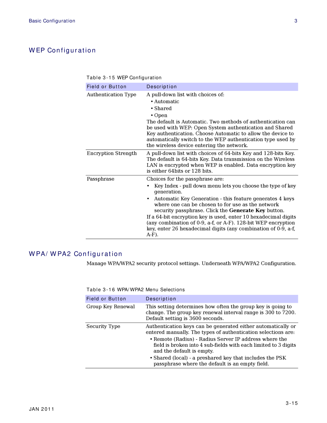 Motorola CPEI 890 user manual WEP Configuration, WPA/WPA2 Configuration 