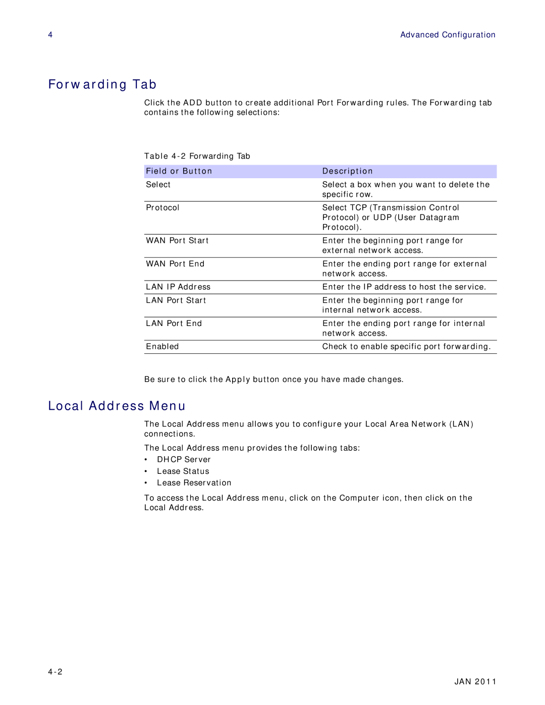 Motorola CPEI 890 user manual Forwarding Tab, Local Address Menu 