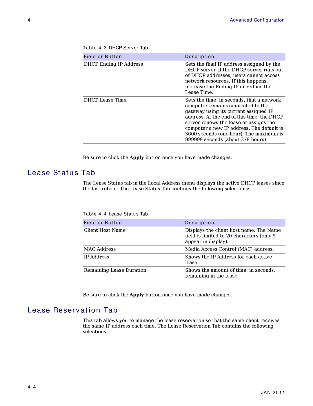 Motorola CPEI 890 user manual Lease Status Tab, Lease Reservation Tab 