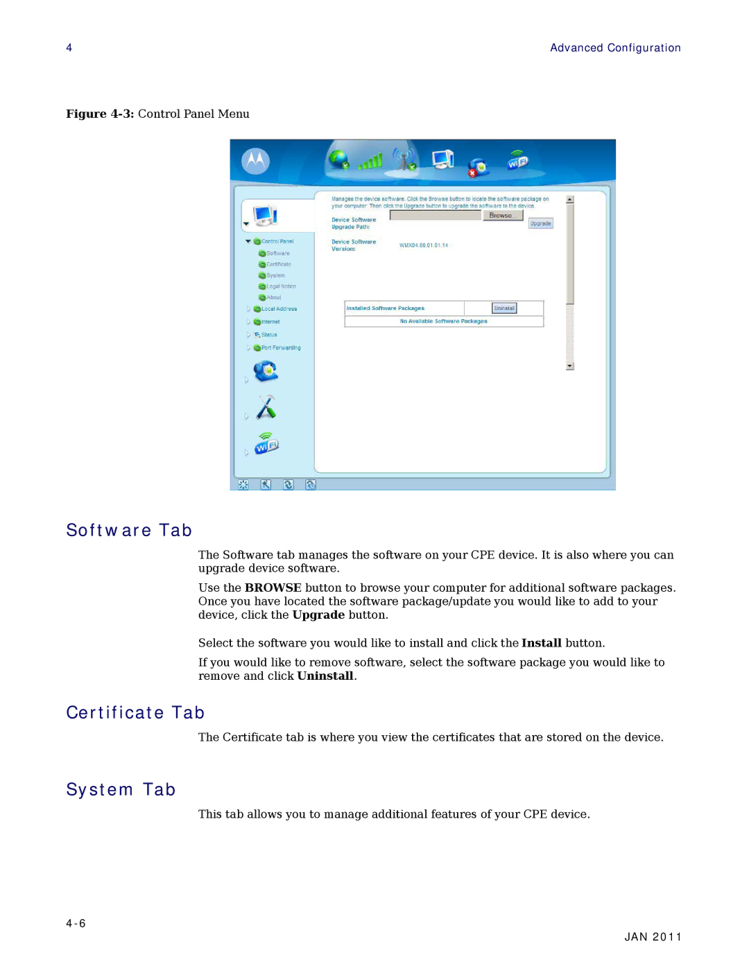 Motorola CPEI 890 user manual Software Tab, Certificate Tab, System Tab 