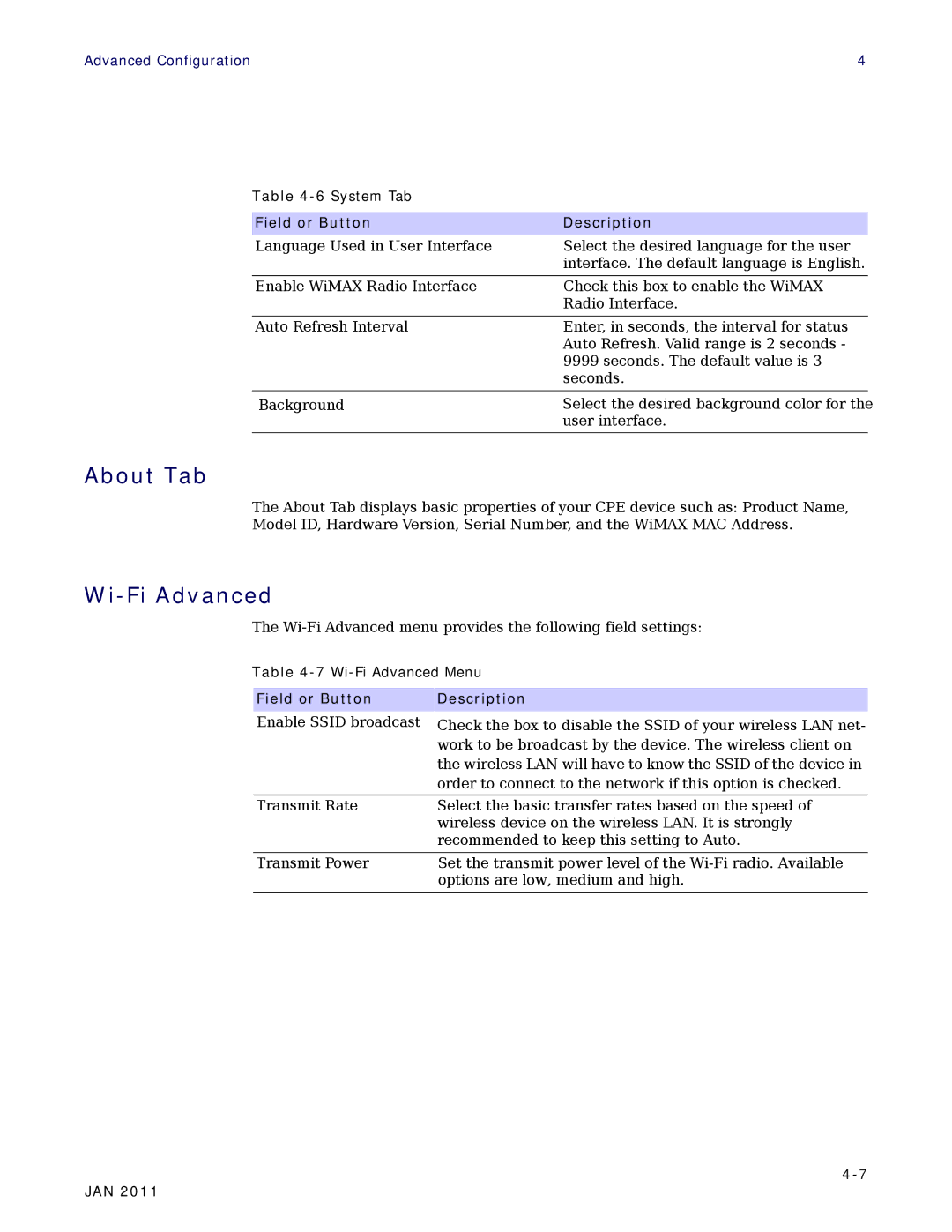 Motorola CPEI 890 user manual About Tab, Wi-Fi Advanced 