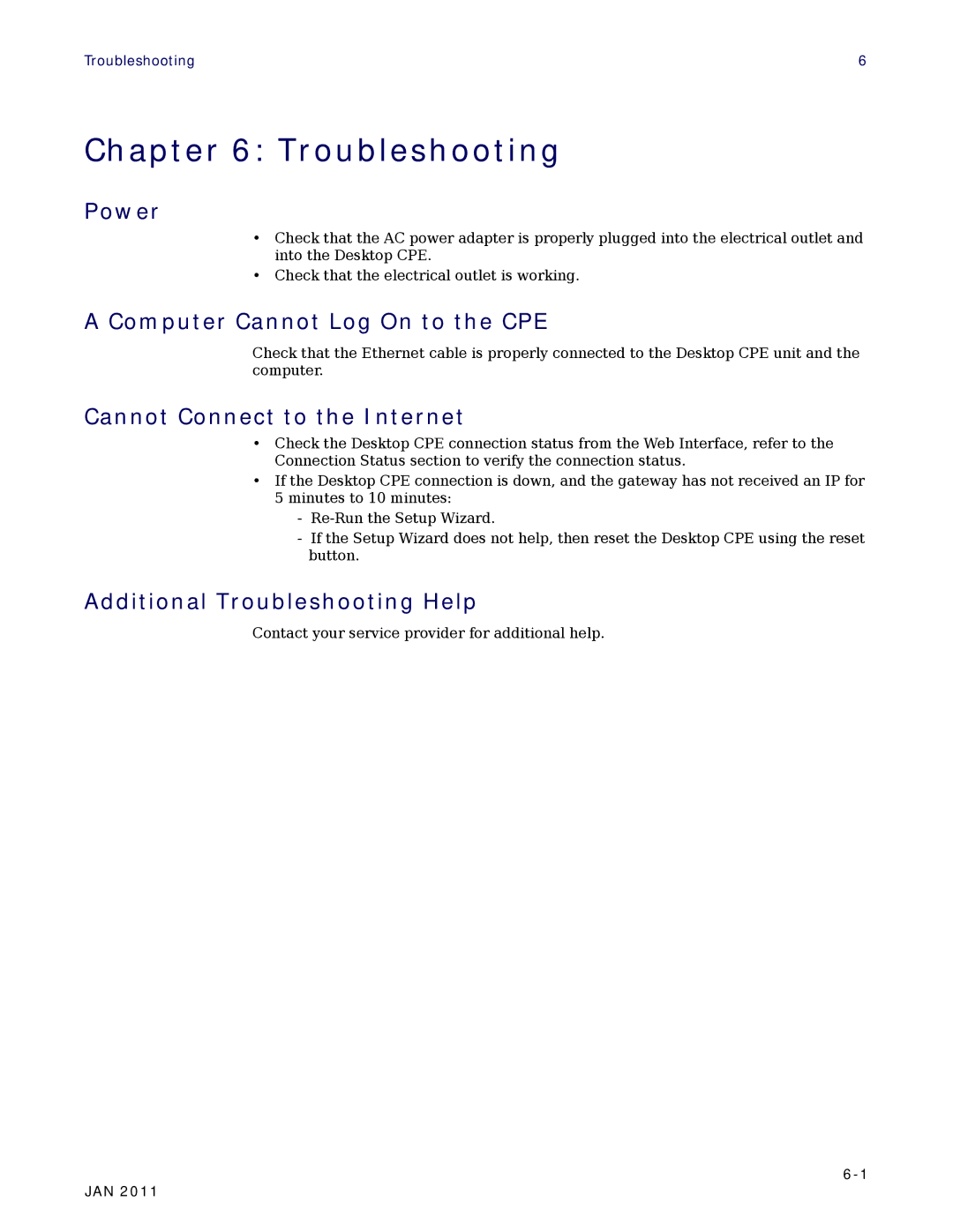 Motorola CPEI 890 user manual Troubleshooting, Power, Computer Cannot Log On to the CPE, Cannot Connect to the Internet 