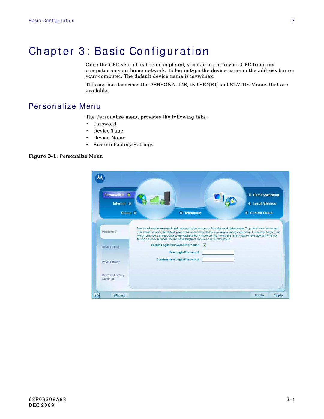 Motorola CPEI725 user manual Basic Configuration, Personalize Menu 