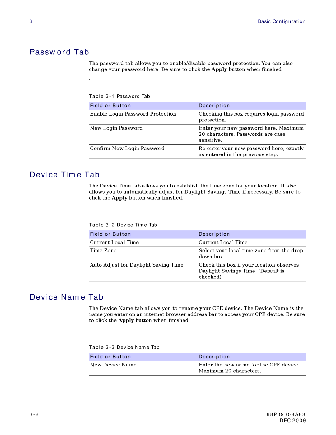 Motorola CPEI725 user manual Password Tab, Device Time Tab, Device Name Tab 