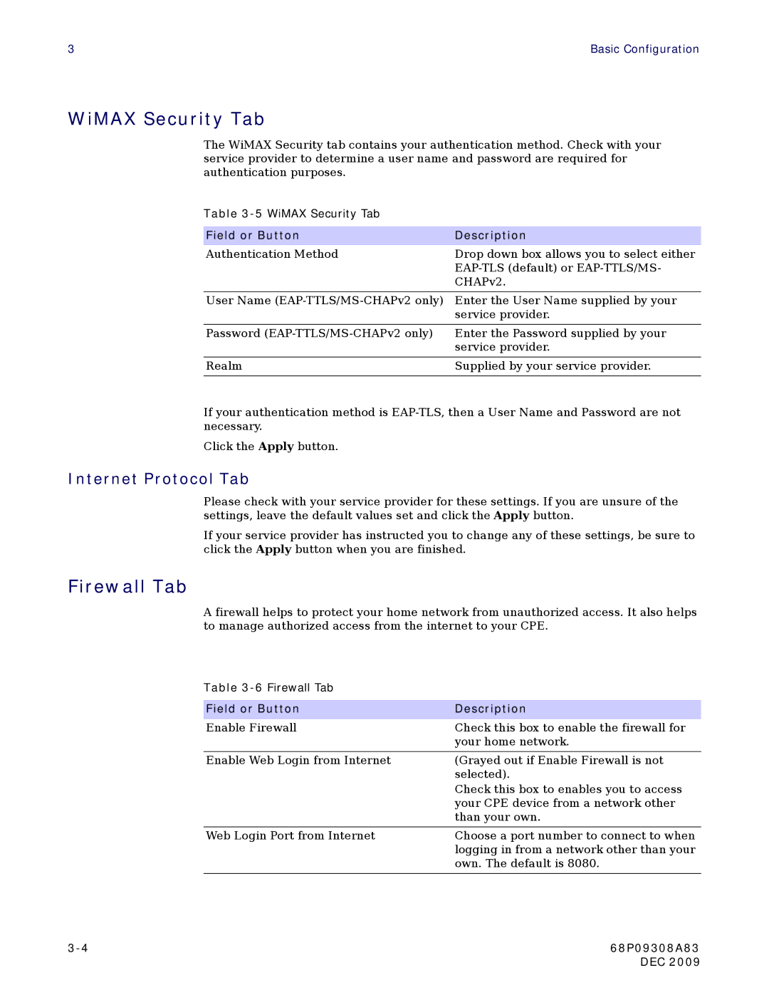 Motorola CPEI725 user manual WiMAX Security Tab, Firewall Tab, Internet Protocol Tab 