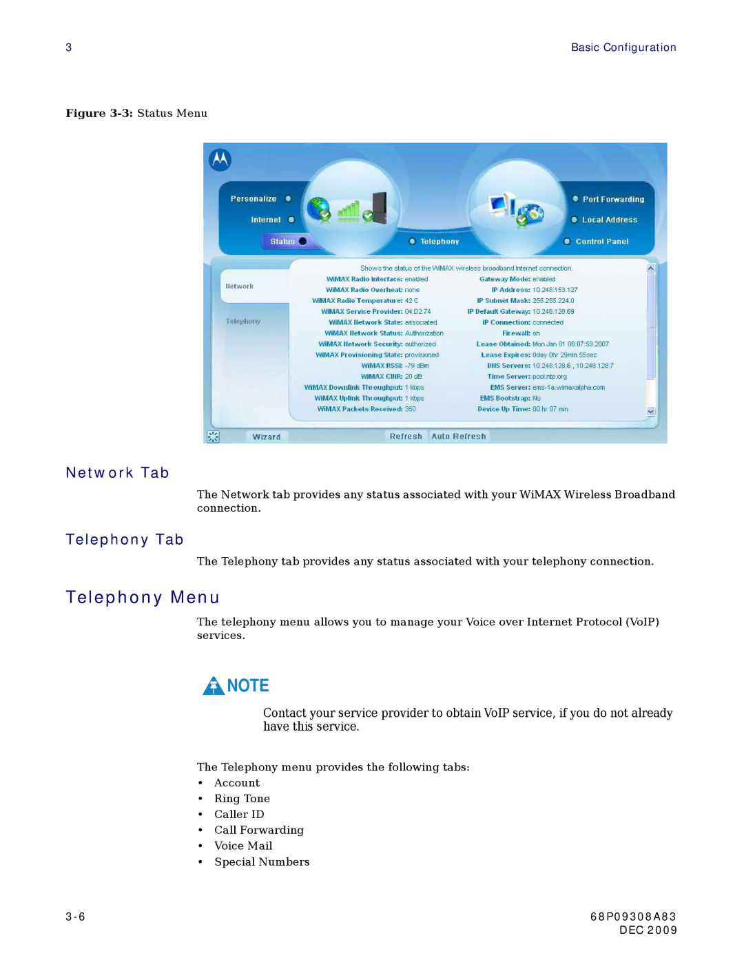 Motorola CPEI725 user manual Telephony Menu, Network Tab, Telephony Tab 