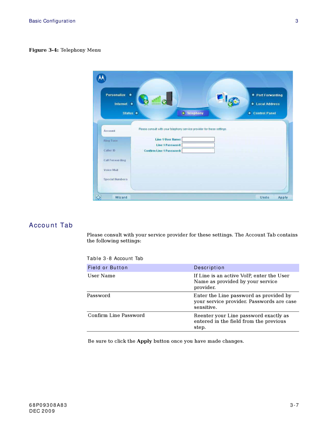 Motorola CPEI725 user manual Account Tab, 4Telephony Menu 