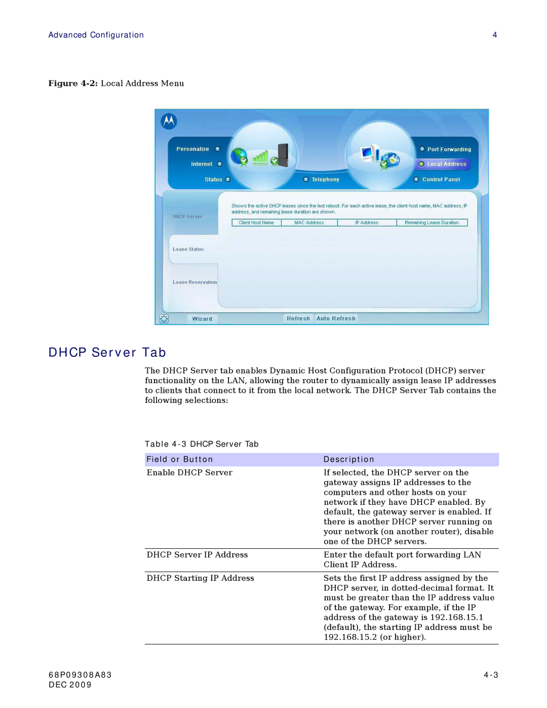 Motorola CPEI725 user manual Dhcp Server Tab, 2Local Address Menu 