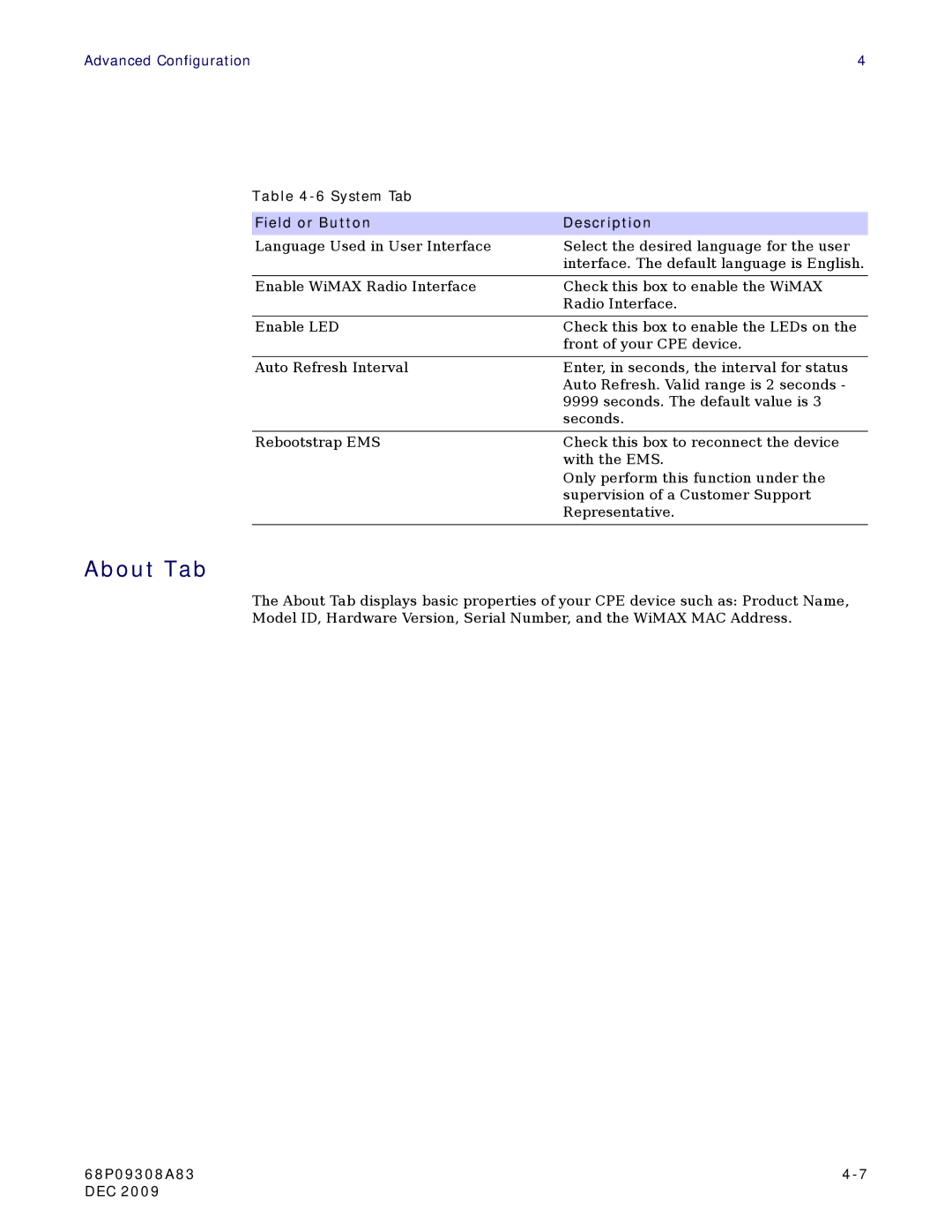 Motorola CPEI725 user manual About Tab, System Tab Field or Button Description 