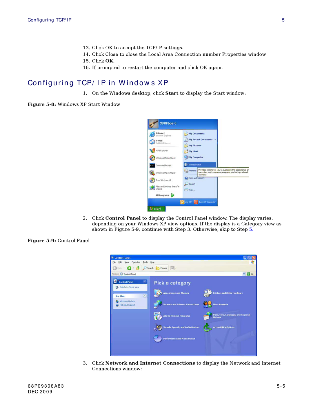 Motorola CPEI725 user manual Configuring TCP/IP in Windows XP 