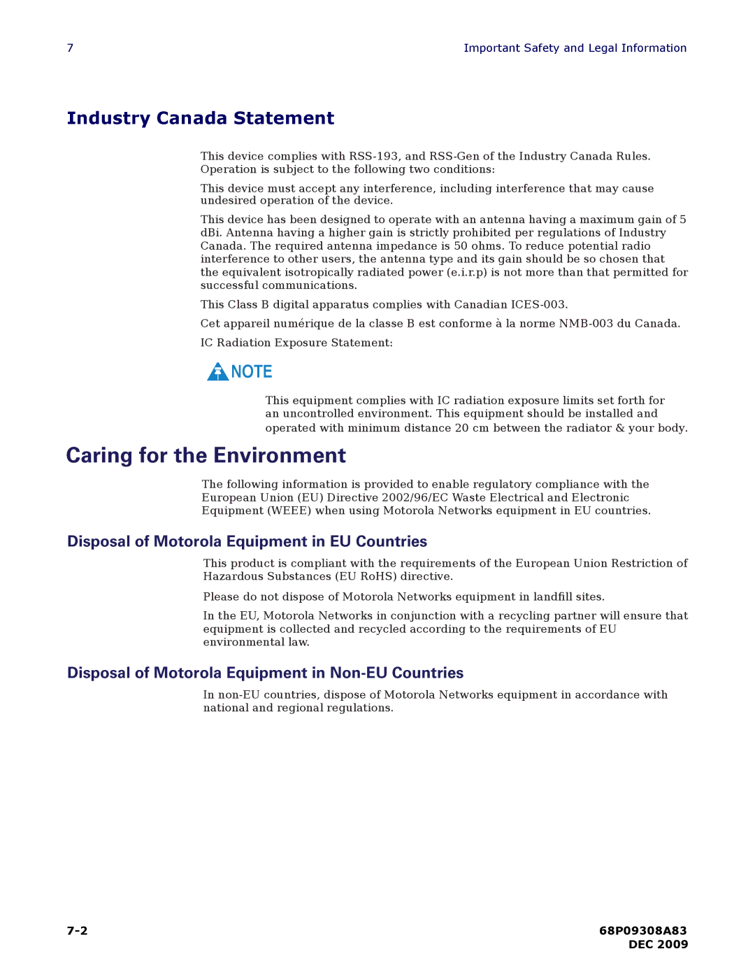 Motorola CPEI725 user manual Caring for the Environment, Industry Canada Statement 