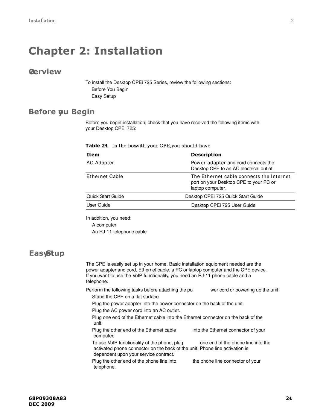 Motorola CPEI725 user manual Installation, Before you Begin, Easy Setup 