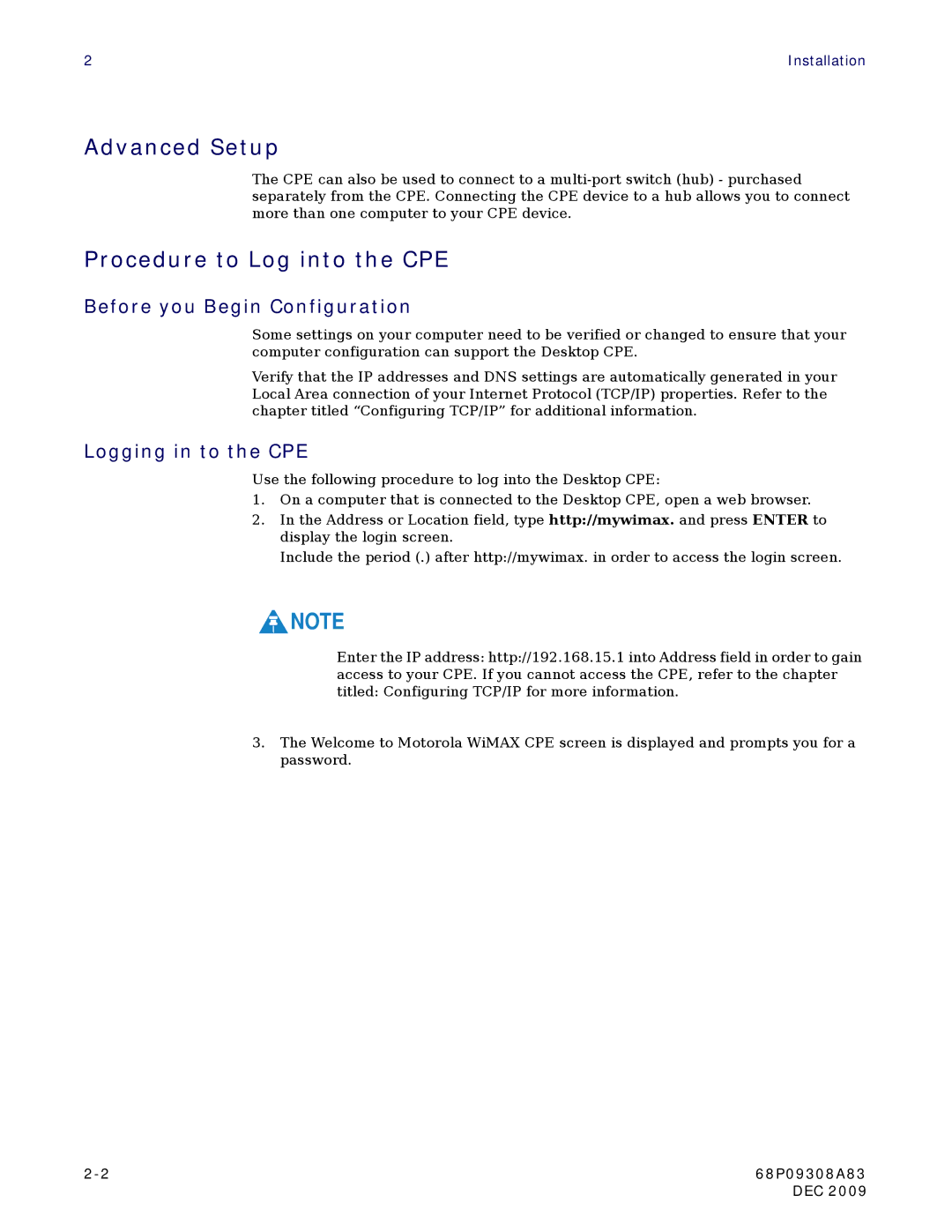 Motorola CPEI725 Advanced Setup, Procedure to Log into the CPE, Before you Begin Configuration, Logging in to the CPE 