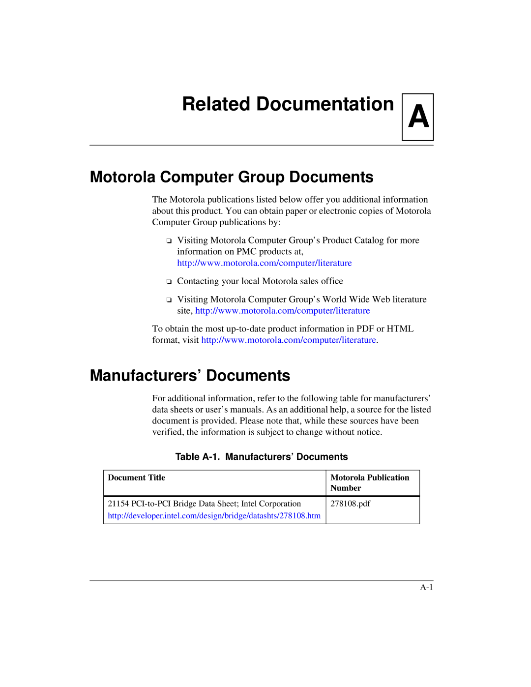 Motorola CPV8540 user manual Motorola Computer Group Documents, Table A-1. Manufacturers’ Documents 