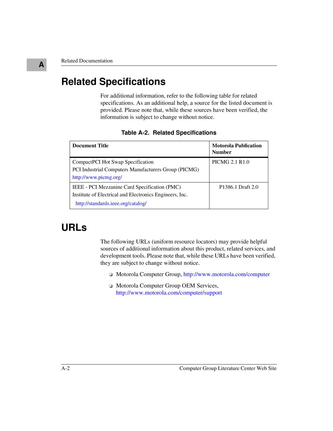 Motorola CPV8540 user manual URLs, Table A-2. Related Specifications 