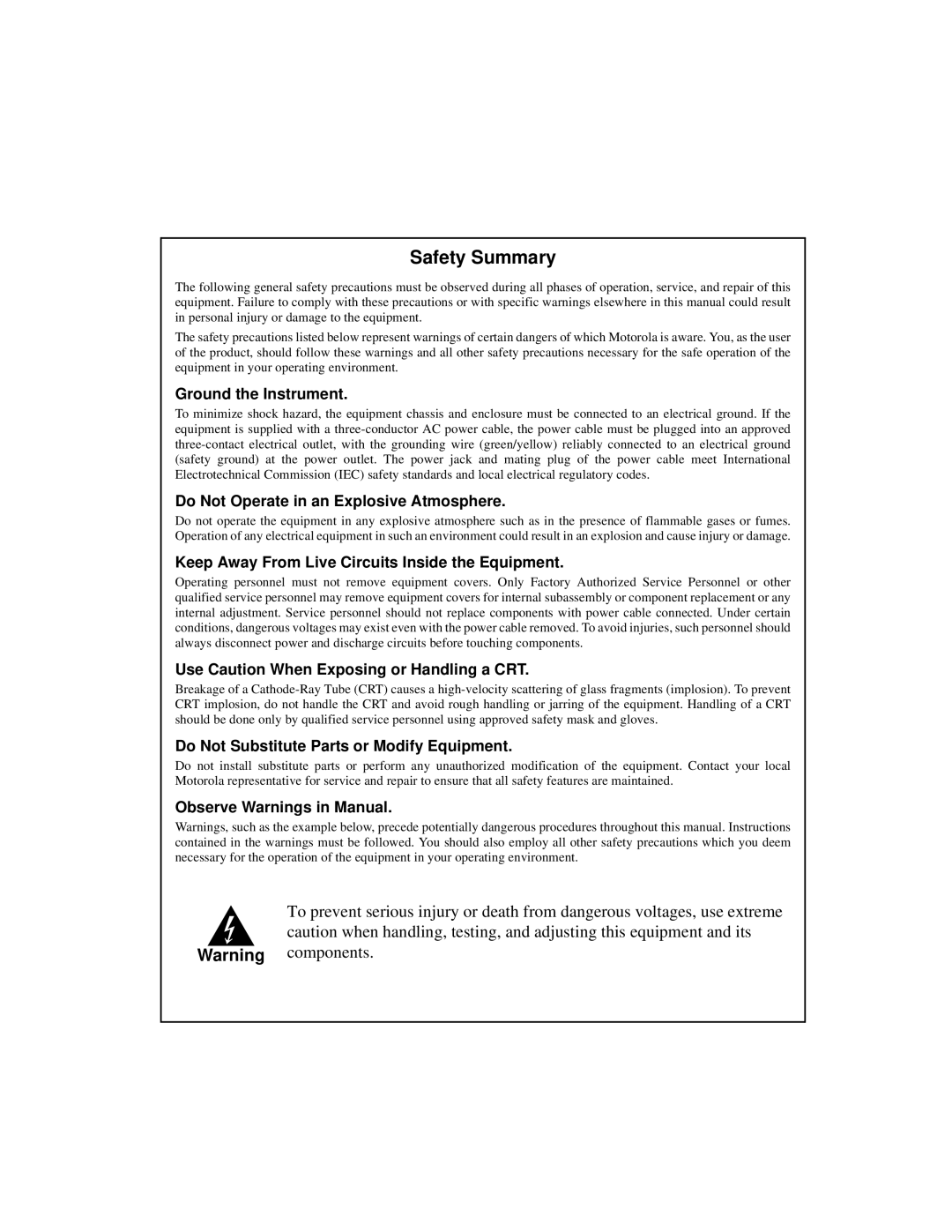 Motorola CPV8540 user manual Safety Summary 