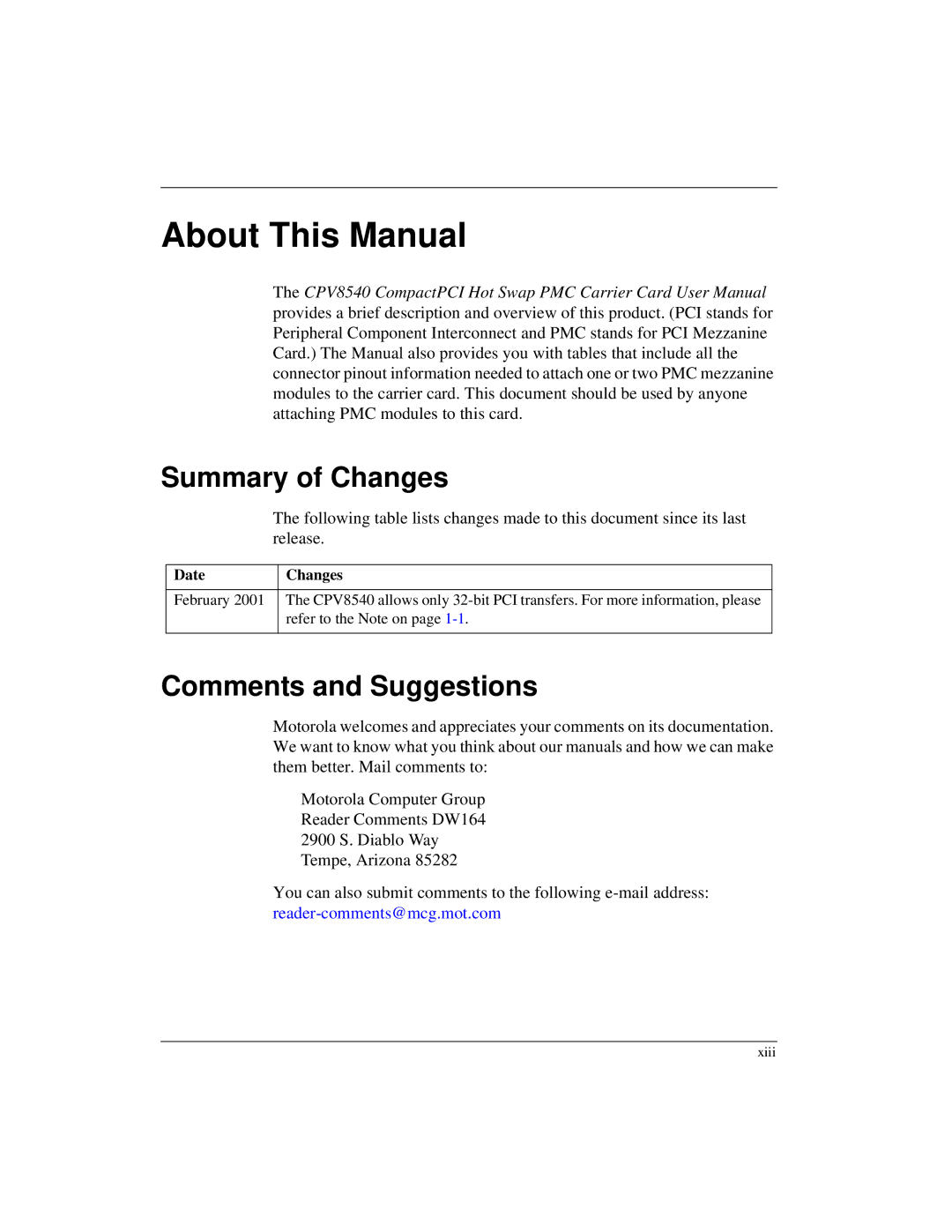 Motorola CPV8540 user manual Summary of Changes, Comments and Suggestions 