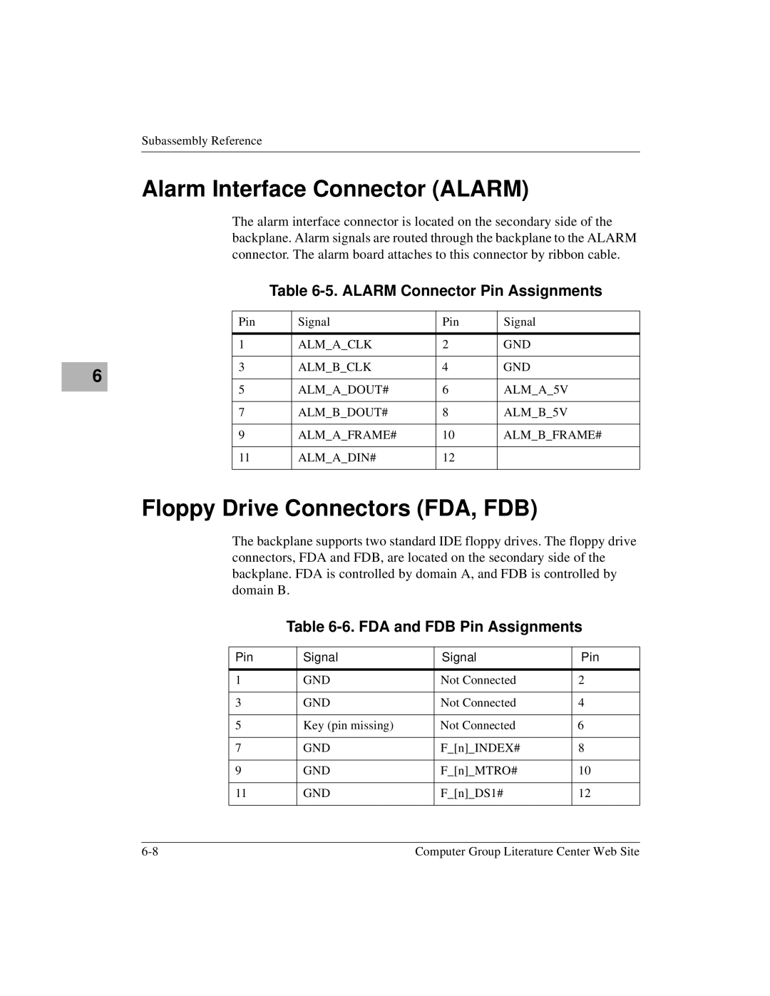 Motorola CPX8000 manual Alarm Interface Connector Alarm, Floppy Drive Connectors FDA, FDB, Alarm Connector Pin Assignments 