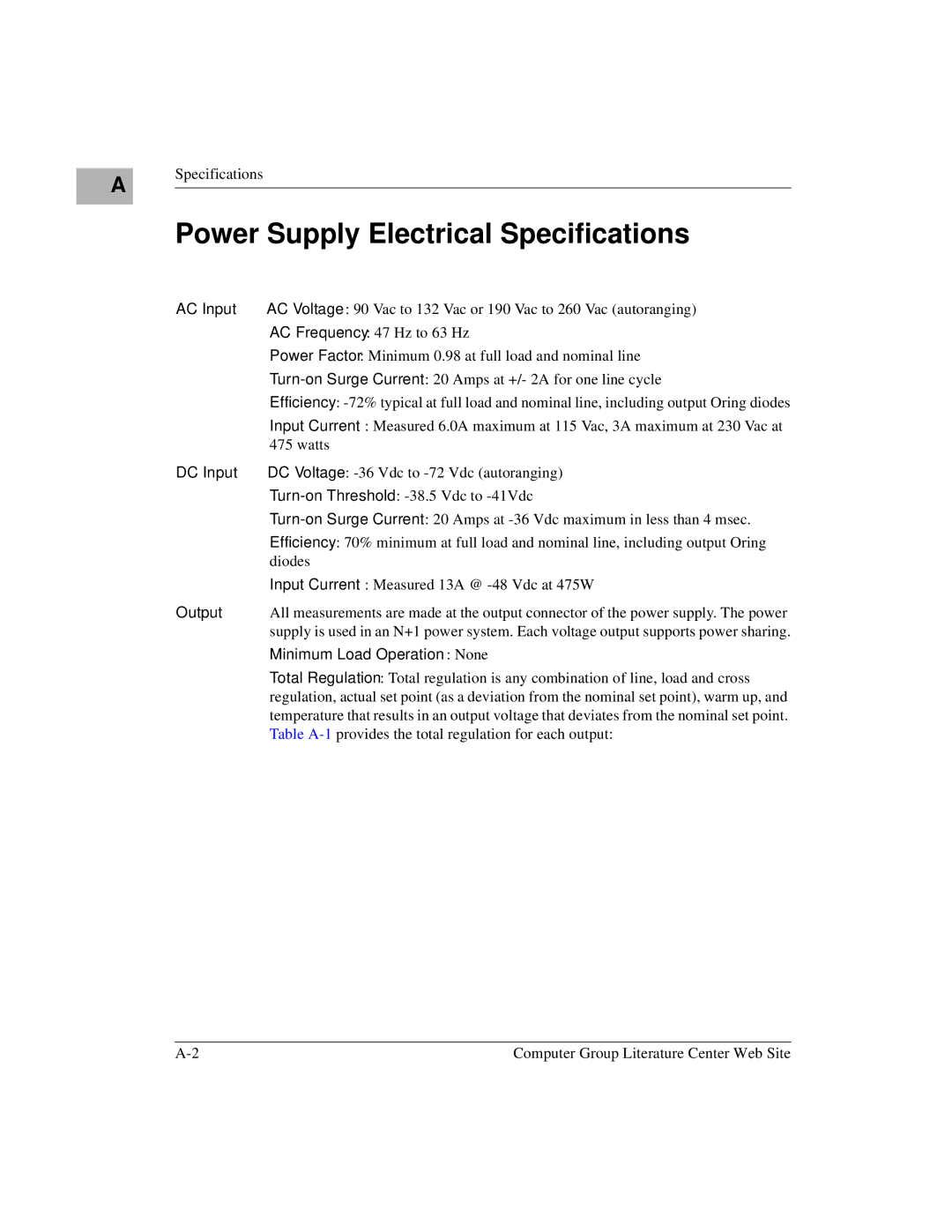 Motorola CPX8216T, CPX8000 Power Supply Electrical Specifications, AC Input, DC Input, Output, Minimum Load Operation None 