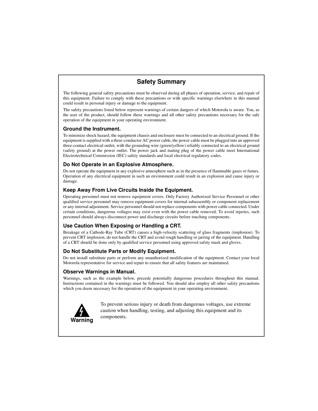 Motorola CPX8216TCPX8216T, CPX8000 manual Safety Summary, Ground the Instrument 