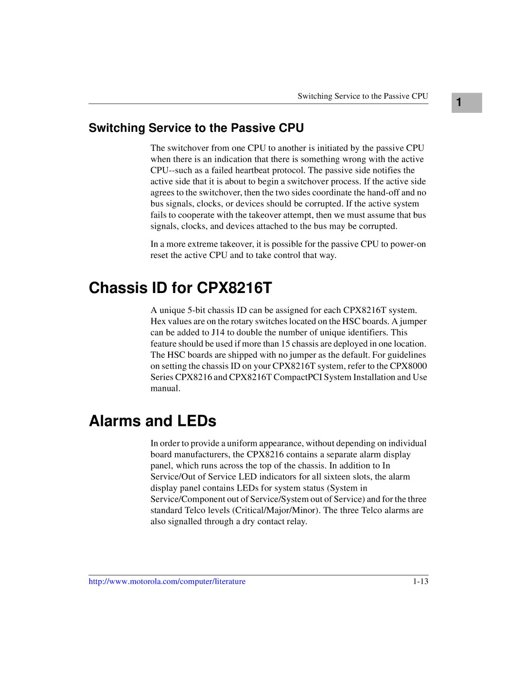 Motorola CPX8216TCPX8216T, CPX8000 manual Chassis ID for CPX8216T, Alarms and LEDs, Switching Service to the Passive CPU 