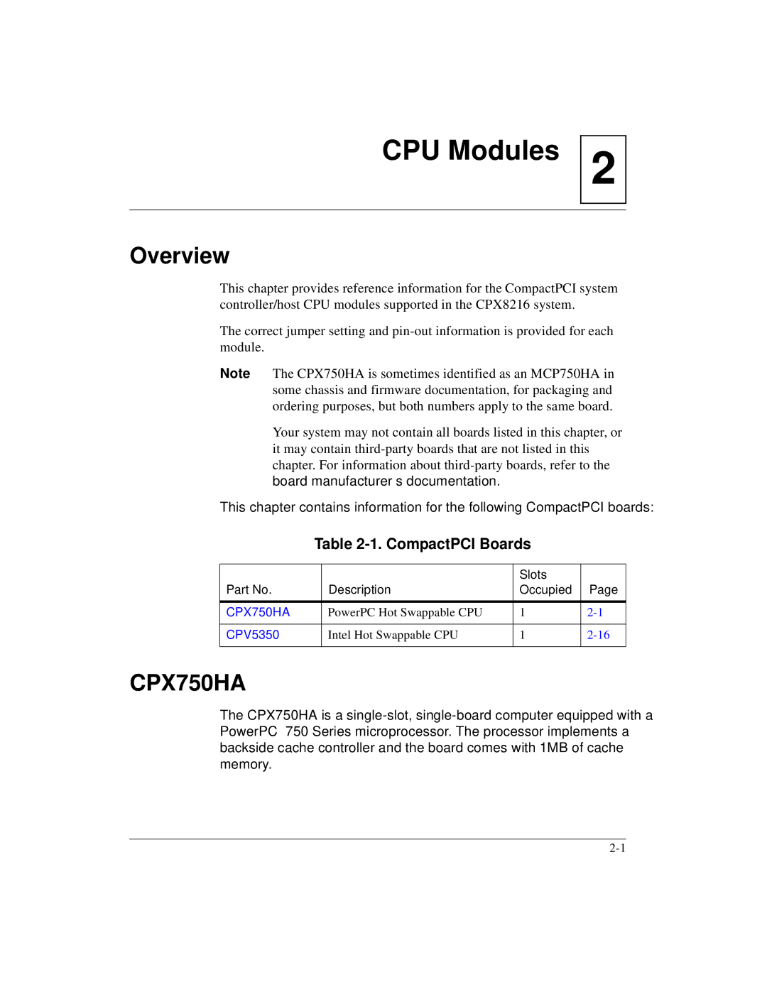 Motorola CPX8216TCPX8216T, CPX8000 manual CompactPCI Boards, Slots Description Occupied, PowerPC Hot Swappable CPU 