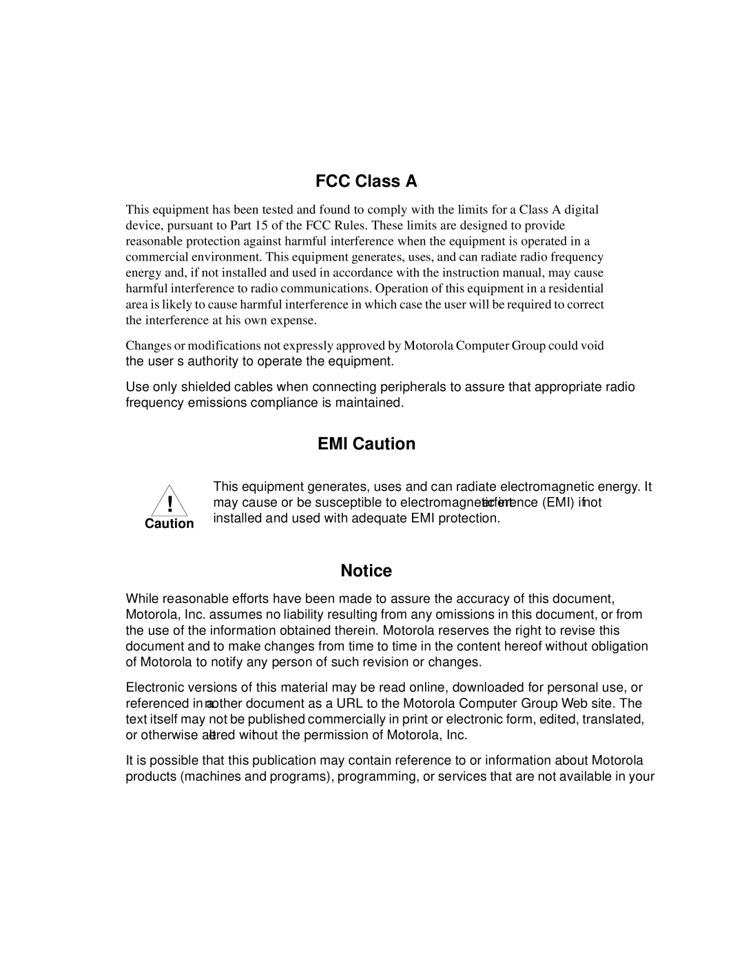 Motorola CPX8000, CPX8216TCPX8216T manual FCC Class a, EMI Caution 