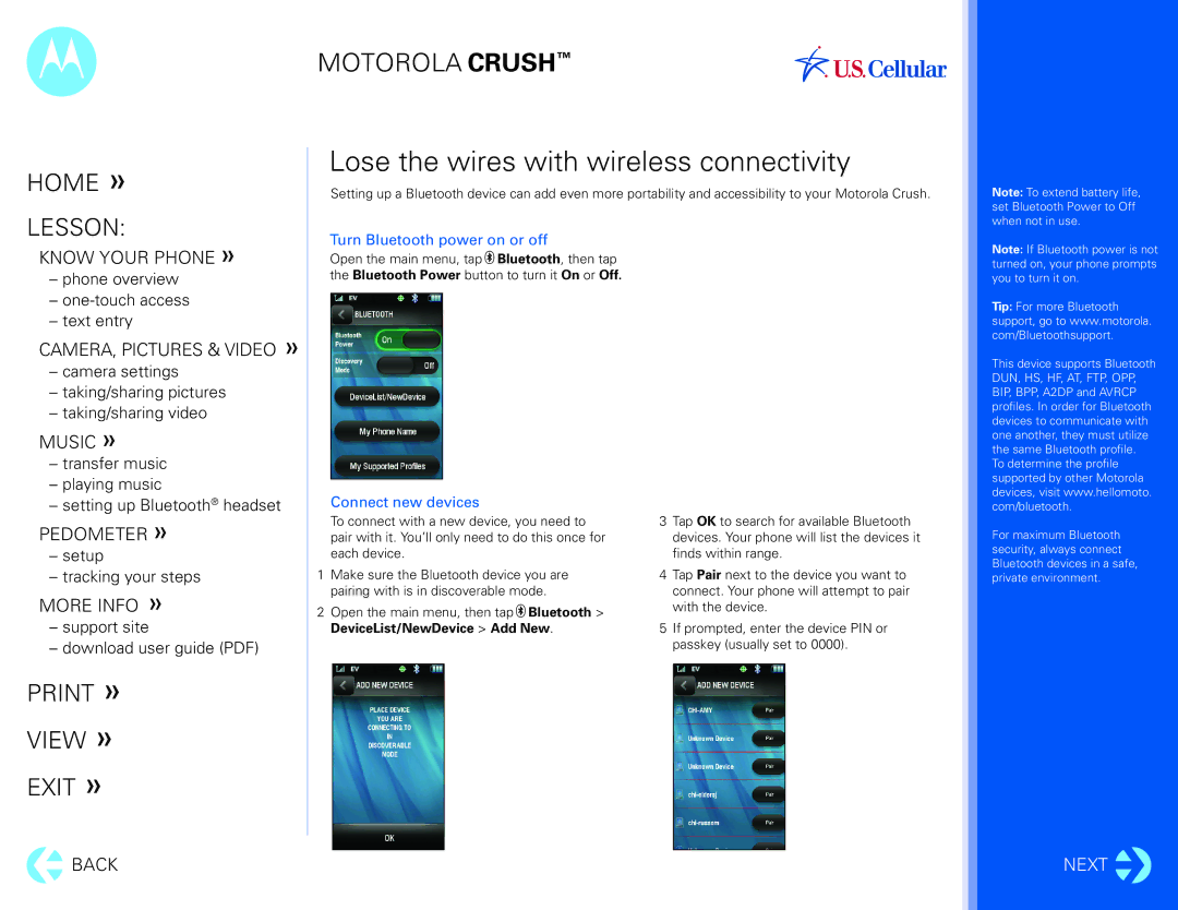 Motorola Crush manual Lose the wires with wireless connectivity, Turn Bluetooth power on or off, Connect new devices 