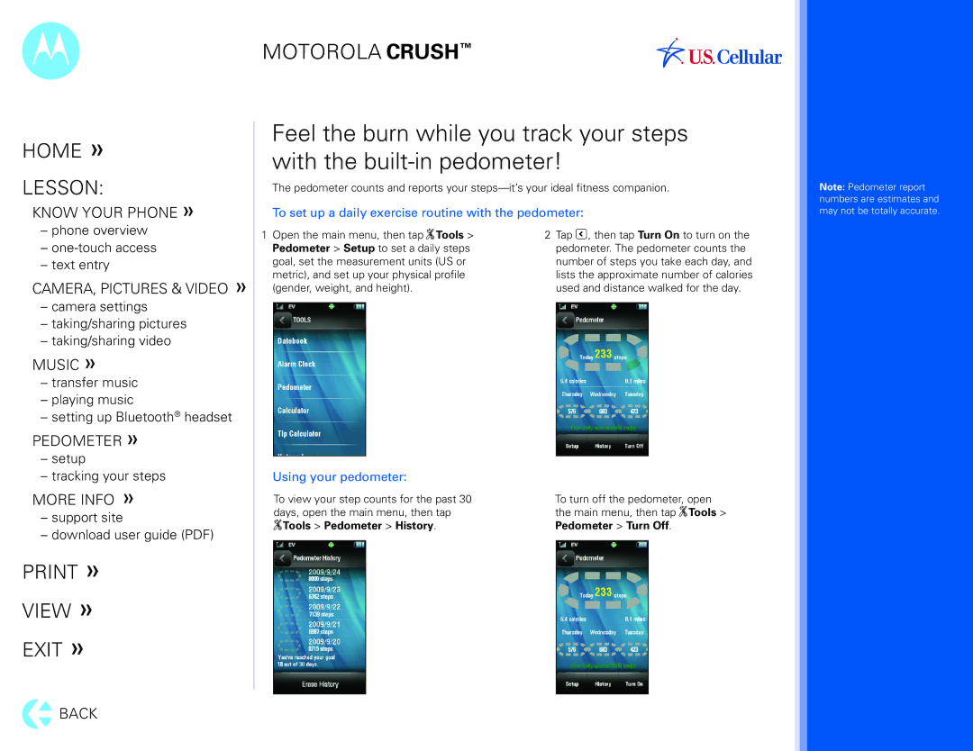 Motorola Crush manual To set up a daily exercise routine with the pedometer, Using your pedometer 