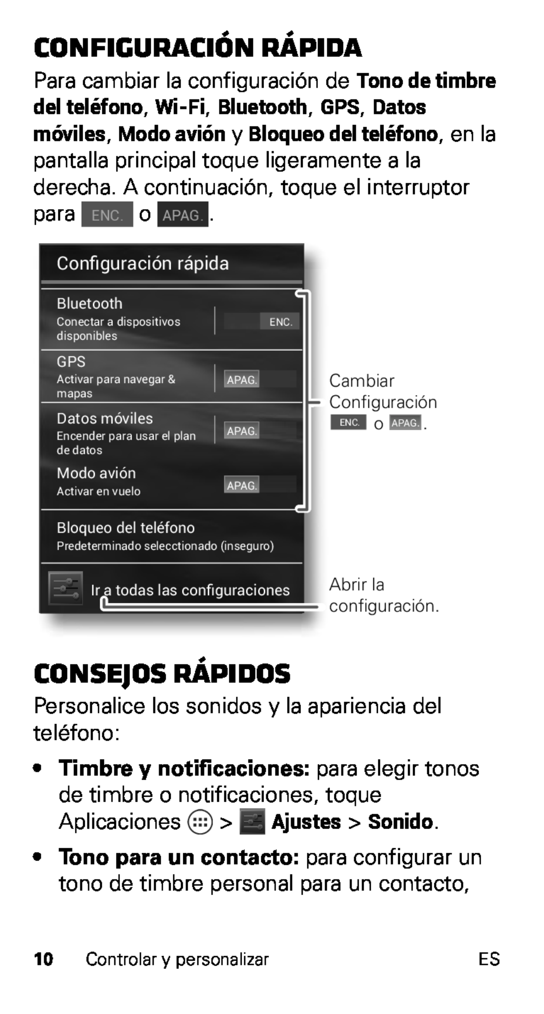 Motorola XT915, D1 Configuración rápida, consejos rápidos, Timbre y notificaciones para elegir tonos, Conﬁguración rápida 