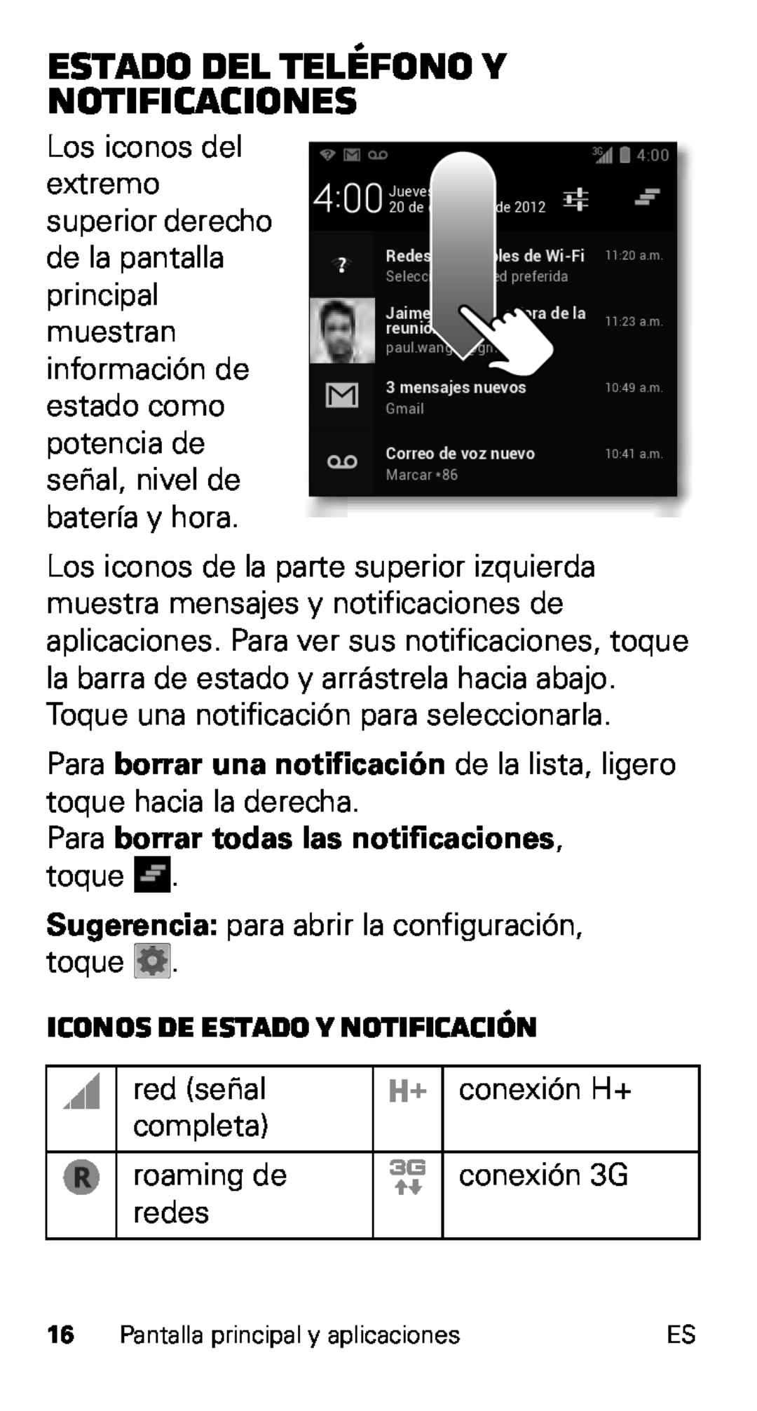 Motorola XT915, D1 manual Estado del teléfono y notificaciones, Iconos de estado y notificación 