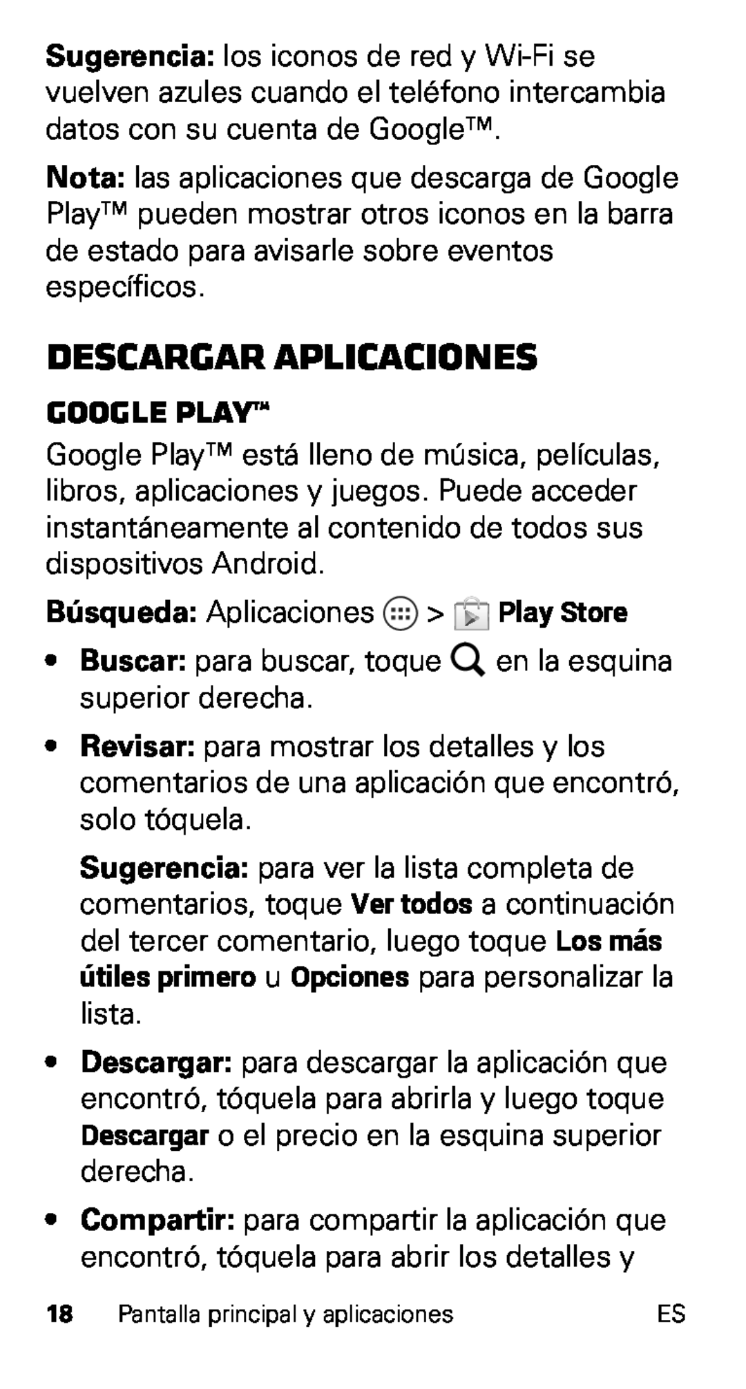Motorola XT915, D1 manual Descargar aplicaciones, Google Play 