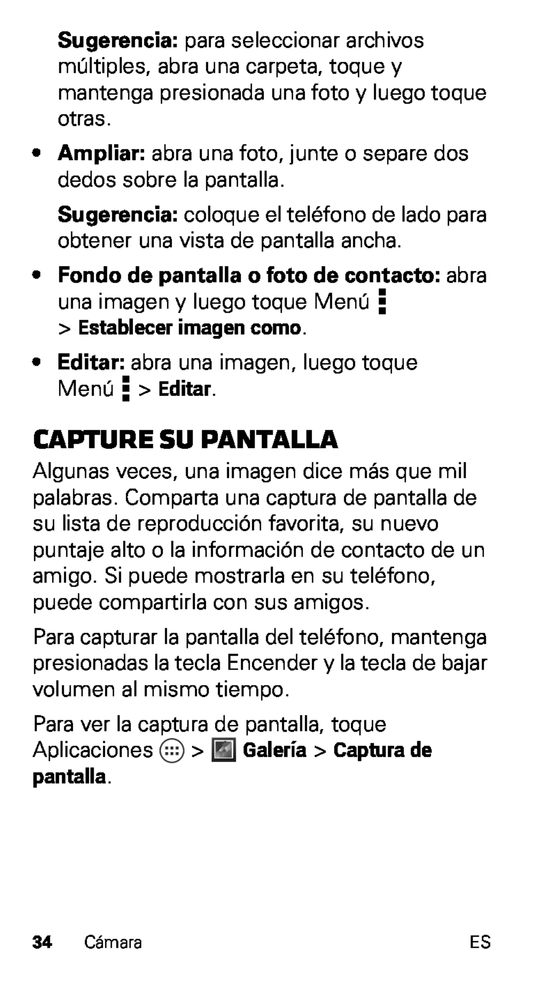 Motorola XT915, D1 manual Capture su pantalla, Fondo de pantalla o foto de contacto abra 