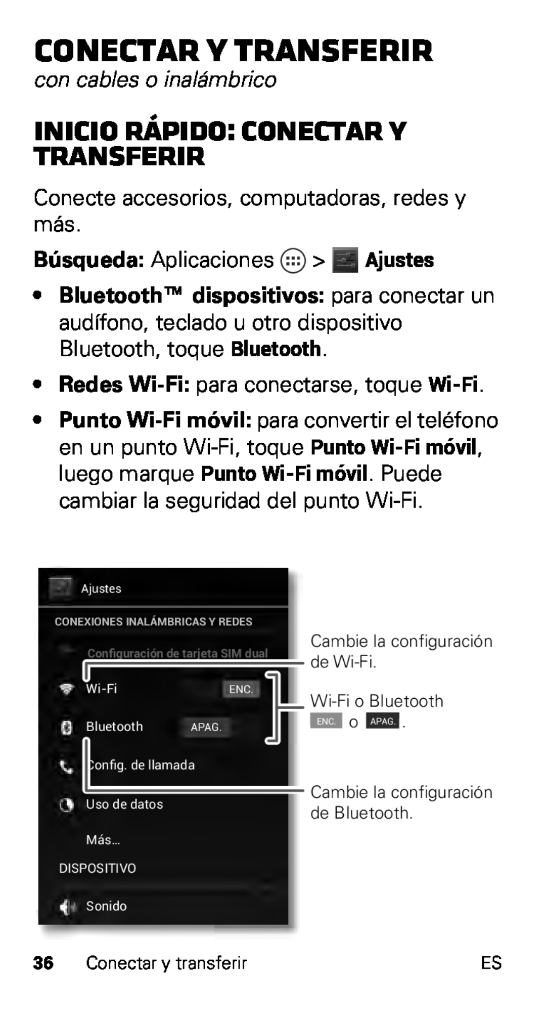 Motorola XT915 Inicio rápido Conectar y transferir, con cables o inalámbrico, Bluetooth dispositivos para conectar un 