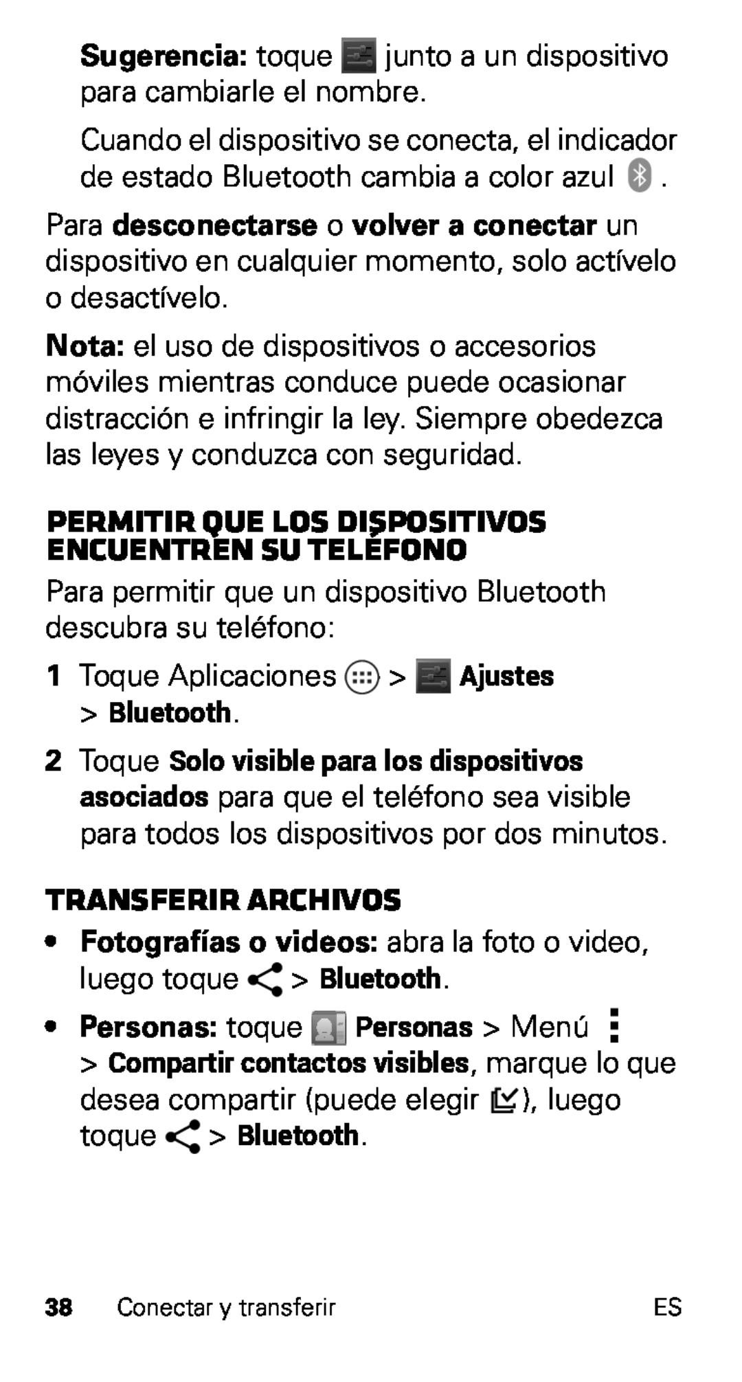Motorola XT915, D1 manual Transferir archivos, Permitir que los dispositivos encuentren su teléfono, Bluetooth 