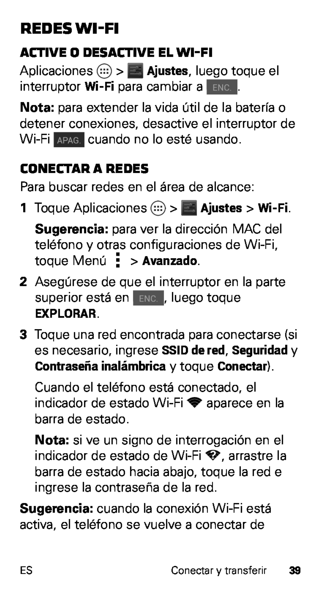 Motorola D1, XT915 manual Redes Wi-Fi, Active o desactive el Wi-Fi, Conectar a redes 