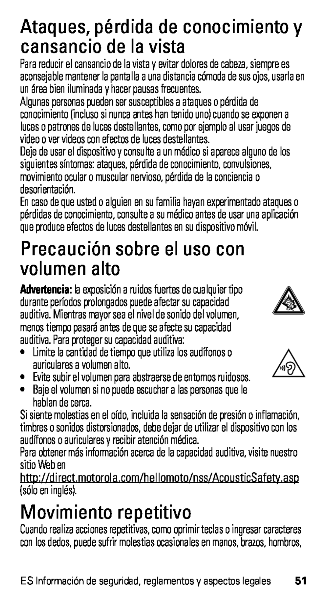 Motorola D1, XT915 manual Precaución sobre el uso con volumen alto, Movimiento repetitivo 