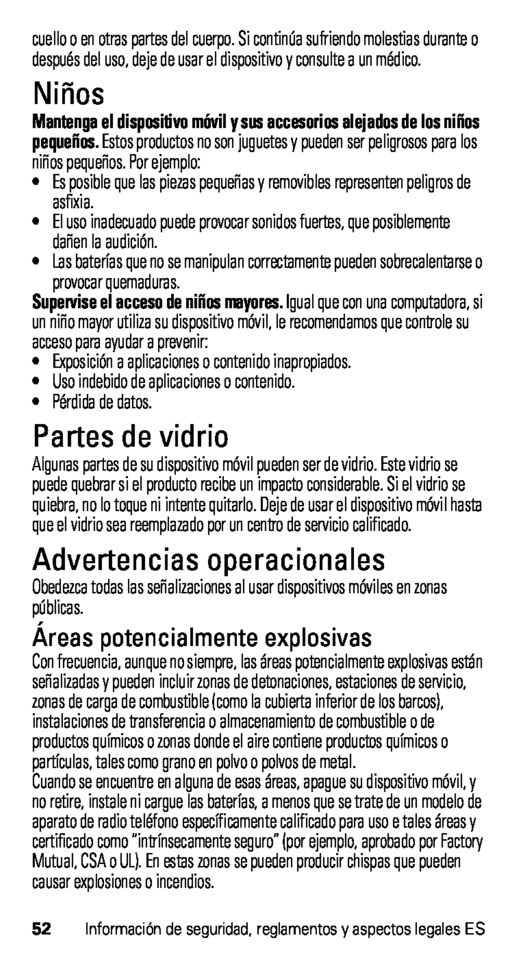 Motorola XT915, D1 manual Niños, Partes de vidrio, Advertencias operacionales, Áreas potencialmente explosivas 