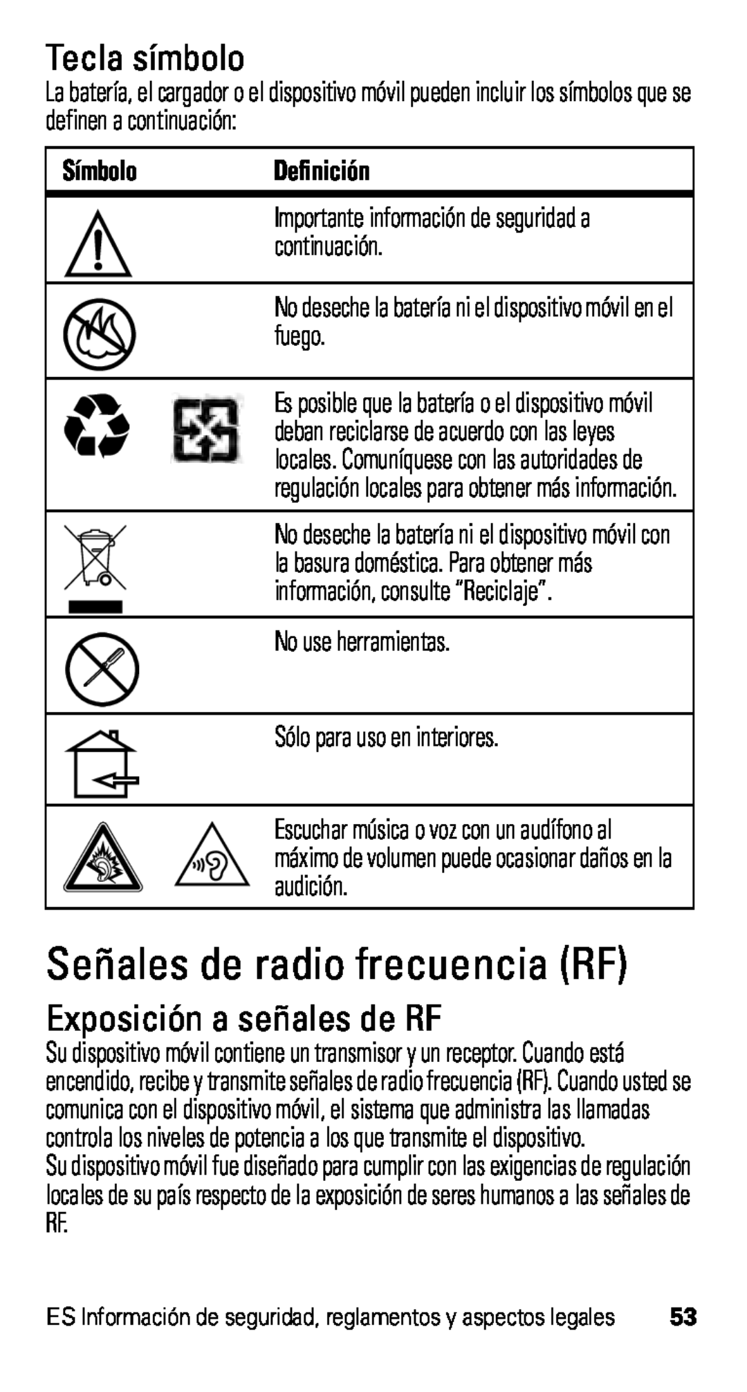 Motorola D1, XT915 manual Señales de radio frecuencia RF, Tecla símbolo, Exposición a señales de RF, SímboloDefinición 