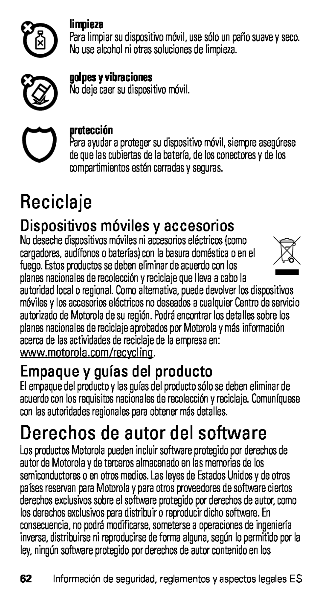 Motorola XT915 Reciclaje, Derechos de autor del software, Dispositivos móviles y accesorios, Empaque y guías del producto 